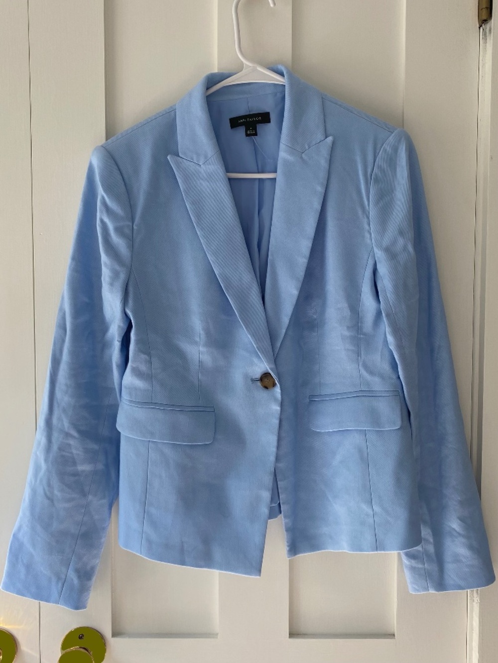 Ann Taylor Blazer One Button Peak Lapel Size 4 Blue Linen Twill NWOT